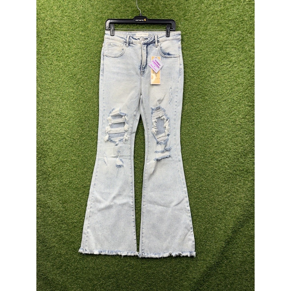 Risen Jeans Womens 11 Flare Distressed Raw Hem Stretch Light Wash Denim NWT